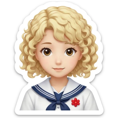 Sweet anime girl with blonde curly hair wearing Japanese sailor style school uniform, gentle smile, kawaii style sticker
