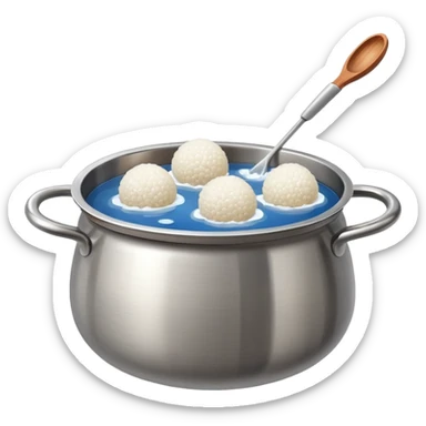 stainless steel pot with boiling clear water and floating glutinous rice balls sticker