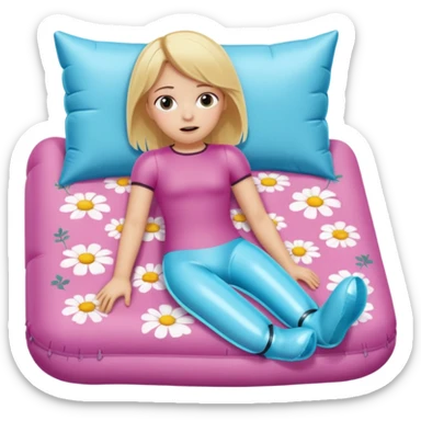 chica rubia con cara de miedo con unas botas de presoterapia inflables tirada en una cama sticker