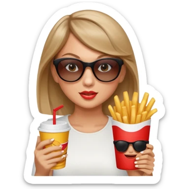 Taylor Swift, wearing sun glasses,  holding a cup of fries





































 sticker