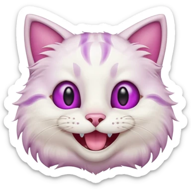 White cat wide mouth happy smiling with teeth showing, very light pink inner ears, magenta purple eyes, looks like discord's :smiley_cat: emoji, male looking sticker
