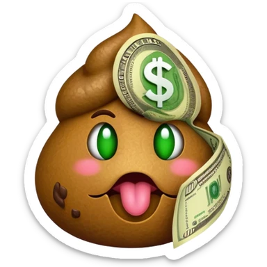 Poop emoji with dollar sign eyes, sticking out its green tongue with a money logo also on it sticker