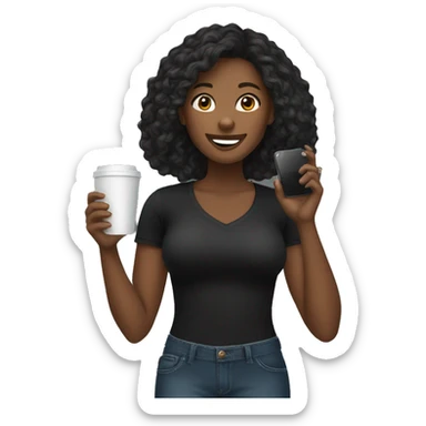 African American female talking on cellphone and holding a coffee wearing black shirt and jeans  sticker