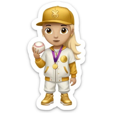anthropomorphised horse in a hip-hop outfit, wearing a gold medal and a baseball hat sticker