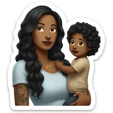 White mom with tattoos on arm with long black hair holding a baby boy with dark brown curly hair  sticker