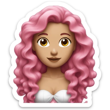 a white mermaid women with long brown curly hair and a pink tail sticker