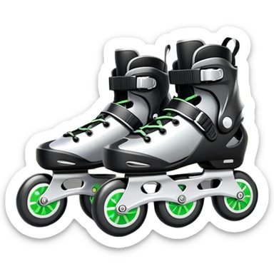 An icon showing a close-up of inline rollerblades resting on smooth asphalt in a park. The background features trees, grass, and a clear sky, with the vibrant green landscape creating a serene outdoor vibe. The skates' wheels are highlighted against the pavement. Transparent background  sticker