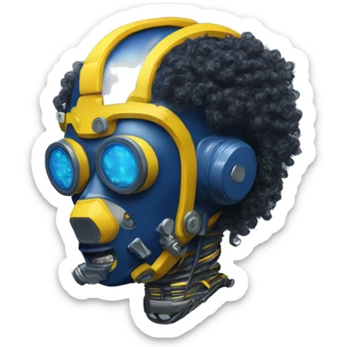 Dark Blue curly hair cyborg head with yellow respirator mask and circuitry sticker