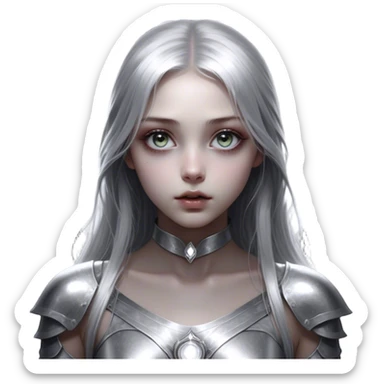 Cinematic girl with large sparkling eyes, Ultra realistic 32k HD, Breathtaking piece of art, rim lighting, hauntingly beautiful art, mostly greyscale, Balanced features, highly detailed digital artwork, glowing with silver light, glowing, high shine, deviant adoptable, highly detailed clothing, remembrance, a painting of white silver, fanciful, enchanting, ghostly, embodying the essence of both reality and fantasy, dreamy, dreamy glow, optical illusion, immaculate composition, complex pose, air composition. The image is so lifelike that it feels as though it could leap off the canvas at any moment sticker