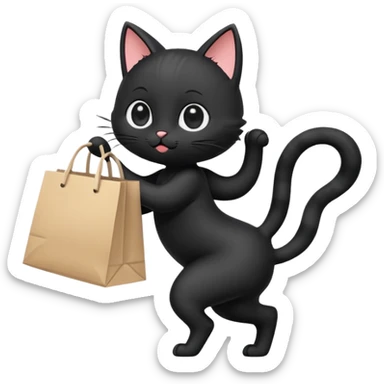 A cute chibi-style black cat emoji in side view like 🏃, running on two legs while holding a shopping bag. Short limbs, small body proportions (SD character style), round head, big expressive eyes, minimalist emoji design, soft colors, vector look. sticker