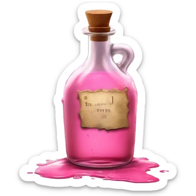 Mysterious Alchemical vintage glass potion bottle, exquisite bottle shape, old and shabby, with label, stylish and minimalistic, brown and pink, oil potion is poured out of the bottle, oil is spilled next to it sticker