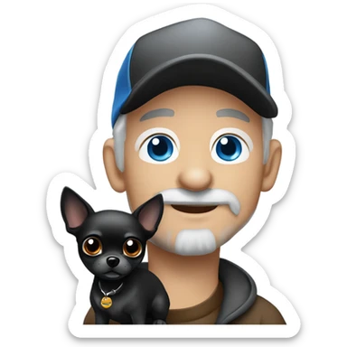 Old man with blue eyes goatee beard ball cap holding cute black Chihuahua with long fur sticker