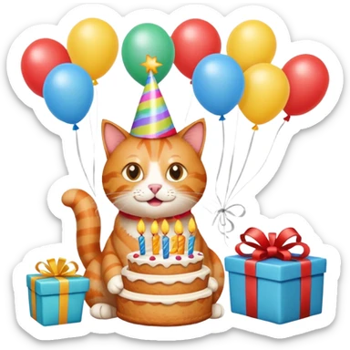 Ginger cat celebrates birthday, birthday hat, birthday cake, balloons, happy, gifts sticker