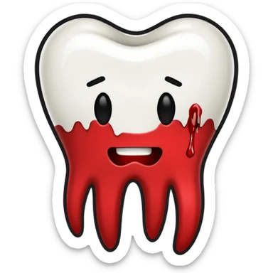 Minimalist emoji-style sticker of a pulled tooth with roots and a smear of blood at the base. Black and desaturated red colors. Flat, clean outline on white.
 sticker