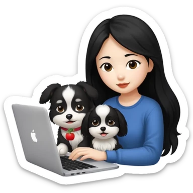 Asian girl with long black hair working on an Apple laptop, next to her is a small black and white dog sticker