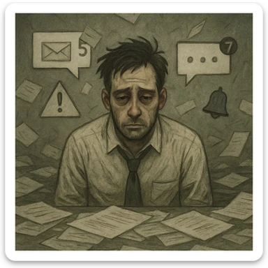 A person experiencing burnout, looking exhausted and overwhelmed, with dark circles under their eyes, slumped posture, and a chaotic background of paperwork and digital notifications. sticker