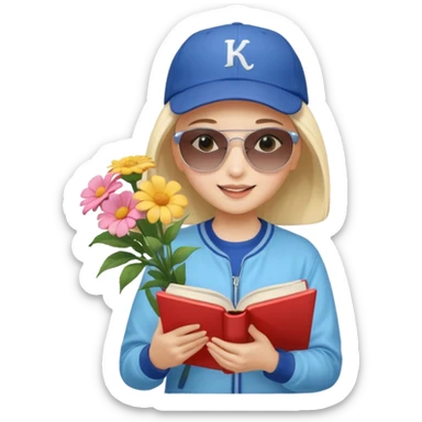 ["A happy girl with light skin, bald, wearing a baseball cap and sunglasses, dressed in K-pop fashion, is reading a book while holding a flower bouquet."] sticker