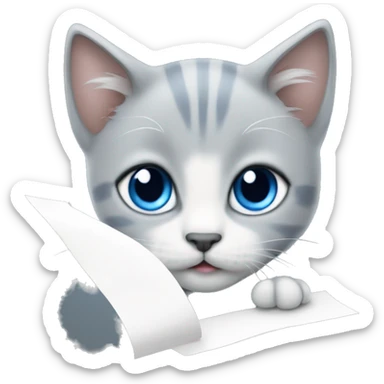 blue eyes grey kitten and a piece of paper sticker