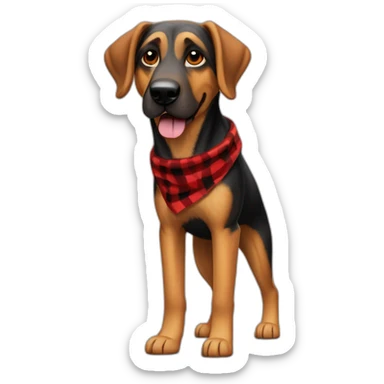 adult 75% Coonhound 25% German Shepherd mix dog with visible tail wearing small pointed red buffalo plaid bandana full body walking left quickly sticker