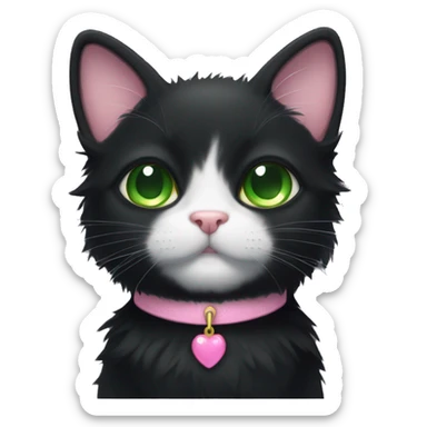 fluffy black tuxedo cat with green eyes and pink nose sticker