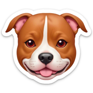 Cinematic Cute Red/Fawn Staffordshire Bull Terrier Portrait Emoji, Head tilted playfully and inquisitively, featuring a glossy red/fawn Fur with a vibrant sheen and delicate white accents, round, sparkling dark eyes filled with curiosity, Simplified yet irresistibly adorable features, highly detailed, glowing with a warm, friendly glow, high shine, affectionate and spirited, stylized with a touch of whimsy, bright and endearing, soft glowing outline, capturing the essence of a mischievous yet loving pup, so playful it feels like it could bound out of the screen and into your arms! sticker