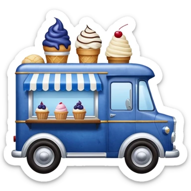 shiny-dark-blue crystal-bodied frozen blueberry muffin, pie, and ice cream float, antique long-wheelbase cab over durable-looking food truck  sticker