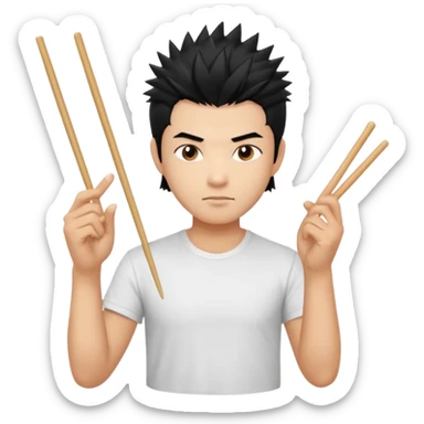 Make it a vietnamese male with spiky black hair holding only ONE pair of chopsticks in one hand, t-shirt. Please only ONE hand with chopsticks sticker