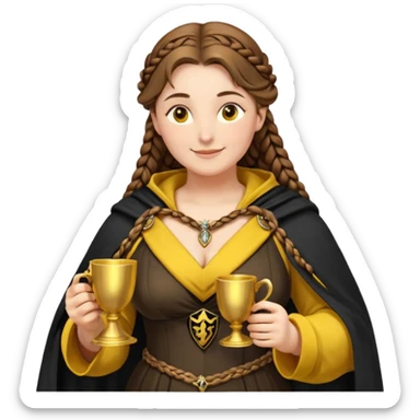 Helga Hufflepuff, brown-haired, 2 thick brown braids, yellow-black medieval dress, deep neckline, black cloak decorated with gold braiding, only one tiny two-handled shiny yellow-gold cup, very kind smile, curvy busty sweet woman, macromastia, thick round rosy cheeks sticker