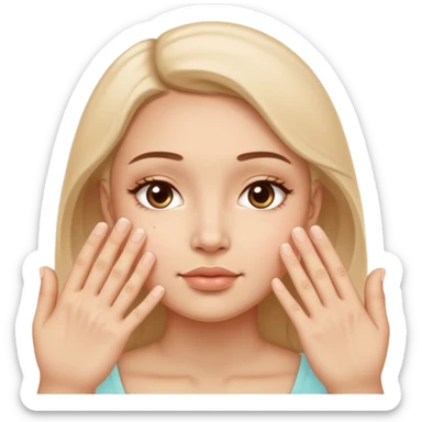Simple wellness-style emoji of a face with a hand gently pressing and guiding facial fullness downward and outward, showing reduced face fat and puffiness, clear slimming effect on cheeks, natural and healthy look, no makeup sticker