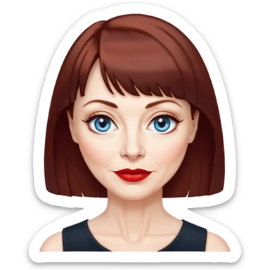 Woman in her late 50s with pale skin, wider face, more pronounced wrinkles, blue eyes with eyeliner, thin eyebrows, small nose, red lipstick, dark auburn hair with bangs, wearing a black top sticker