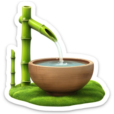 Shiny sparkly glittery beautiful elegant pretty precious divine Japanese zen garden vintage old bamboo fountain with a beautiful wooden bowl underneath aesthetic scenery  sticker