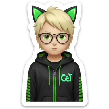 Light blond, slightly messy hair
Black glasses
A black hoodie with cat ears
Neon green details on the jacket and pants (glowing lines and stripes)
An overall hacker / cyberpunk style look
A neutral facial expression (boy )eyes brown) the hood with ears sticker