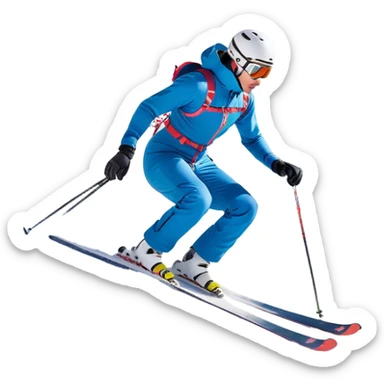 A skier gliding down a snowy mountain slope. The skier is in a dynamic downhill stance—knees bent, body leaning forward, arms slightly out for balance. The skis are parallel, leaving thin tracks in the fresh snow. The mountain has a gentle slope with scattered pine trees in the background. The scene conveys motion and speed, with a light spray of snow kicked up at the edges of the skis. sticker