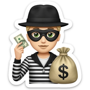 Emoji De Ladron Antifaz En Los Ojos,Gorro Negro,Ropa Con Rayas Negras Y Blancas Y Una Bolsa De Dinero Con El Símbolo Version Hombre sticker