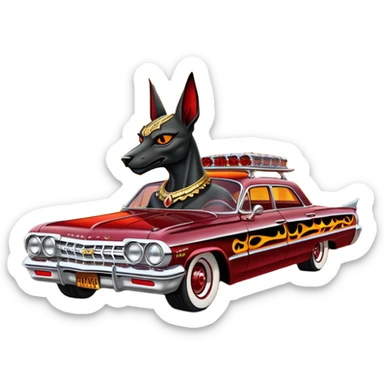 Satans Hot rod custom 1964 impala low rider four door Anubis theme painted hood flaming side-mounted chrome pipes driving straight to hell  sticker