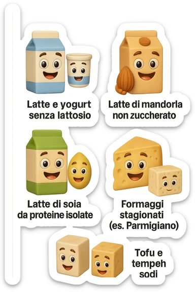 emoji stile iphone 3d di questi elementi che fluttuano in aria:

Latte e yogurt delattosati
Latte di mandorla (non zuccherato)
Latte di soia da proteine isolate
Formaggi stagionati (es. parmigiano)
Tofu compatto e tempeh
 che fluttuano in aria,  le etichette scrivile in italiano, iperealistico 4k sticker