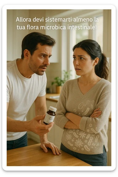 A hyper-realistic, cinematic photo of a young couple in their early 30s having a tense but calmer discussion in a bright modern kitchen. The man, fit, wearing a plain white T-shirt, holds a small probiotic supplement bottle in one hand, leaning slightly forward with a concerned yet firm expression, saying: 'Allora devi sistemarti almeno la tua flora microbica intestinale!' The woman, with dark hair in a loose ponytail, wearing a comfortable home sweater, stands with arms partially crossed, looking at him with a doubtful and confused expression, eyebrows slightly raised, lips parted as if about to respond but uncertain. Around them, faint translucent overlays of microscopic gut flora and bacteria symbols swirl softly near the woman’s abdomen, symbolizing the issue of her imbalanced gut microbiome. The kitchen is bathed in warm natural light, with green plants adding a sense of health and life, while the couple remains in sharp focus. The color palette is warm, with soft shadows and shallow depth of field highlighting the emotional tension yet care in the conversation, visually representing the discussion about gut health within the relationship sticker