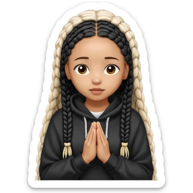 African American girl light skin with long black box braids and plain black hoodie with prayer hands sticker