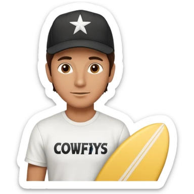 Male brunette movie producer black baseball hat that says surfing cowboys with white tshirt sticker