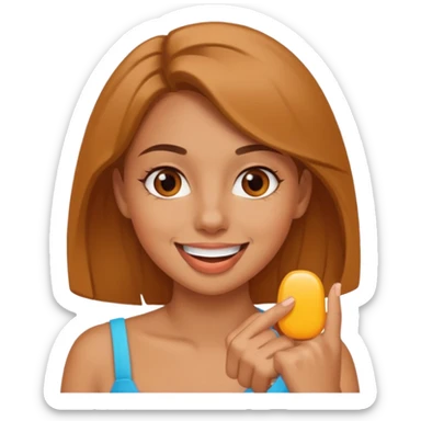 create an emoji of a young woman, tanned face, smile. she is doing a cash with her finger on her mouth to signalise us to stay quiet. sticker