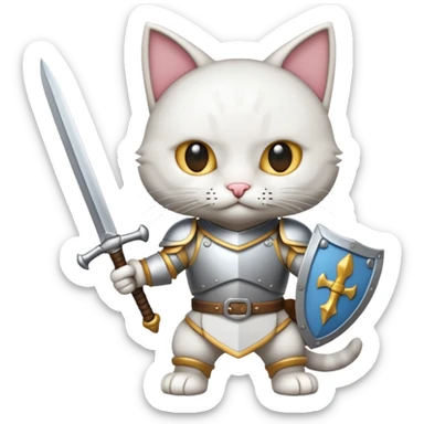un gato blanco con armadura y llevando dos espadas sticker