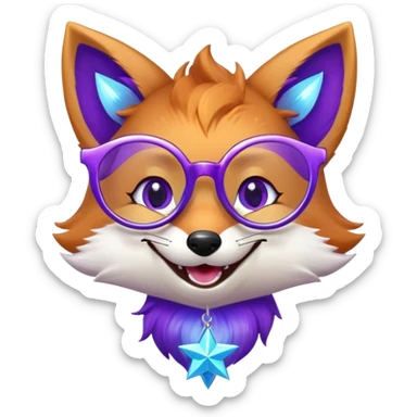 A magical fox with shimmering purple and blue fur, a glowing tail, a silver star on its forehead, and round glasses, laughing so hard that tears are streaming from its eyes. 🦊😂 sticker