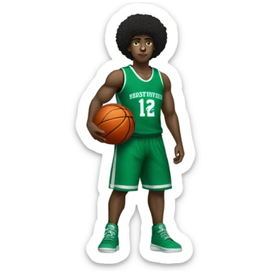 Muscular big black Afro light-skinned skinned male teenager in a green basketball uniform holding a basketball.  sticker