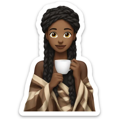 African American girl with black medium knotless braids drinking coffee with a blanket around her head and body  sticker