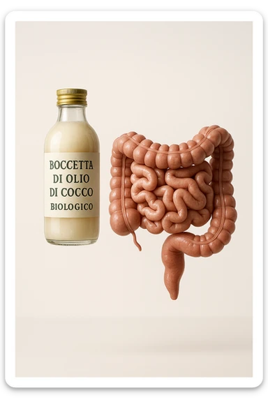 BOCCETTA DI OLIO DI COCCO BIOLOGICO (FAI UN ETICHETTA SUL PRODOTTO IN ITALIANO) CHE FLUTTUA IN ARIA INSIEME A UN INTESTINO UMANO ANATOMICO IN PERFETTA SALUTE, SFONDO CHIARO, iperrealistico 4k sticker