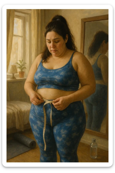 A realistic, cinematic illustration of a woman in her early 30s with a slightly rounded body shape, standing in front of a mirror in a softly lit bedroom, looking at her reflection with a thoughtful, slightly discouraged expression. She is wearing comfortable home workout clothes, holding a tape measure in one hand loosely, while her other hand gently touches her belly area, showing her frustration with slow weight loss progress. The room is cozy, with natural light filtering in, a yoga mat rolled up in the corner, a water bottle, and a small plant on the windowsill. The scene captures the emotional struggle and quiet determination of a woman facing difficulties in losing weight despite her efforts, with warmth and dignity. sticker