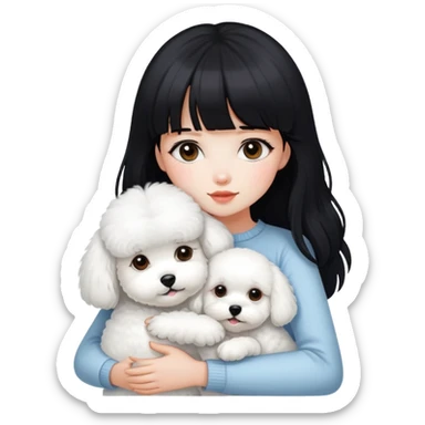 A beautiful girl with long black hair and bangs hugs a Bichon Frise tightly sticker