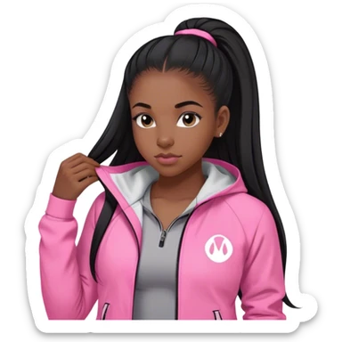 black girl with black straigh Long hair down pin straight and baby hairs with pink lululemon jacket on  sticker