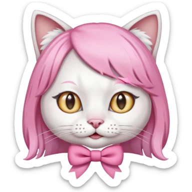 White cat wearing pink wig and bow sticker