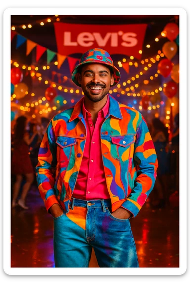 A man wearing mesmerizing, eye-catching clothes at a Levi's party, stylish and confident, with denim elements, vibrant colors, and a festive atmosphere. sticker